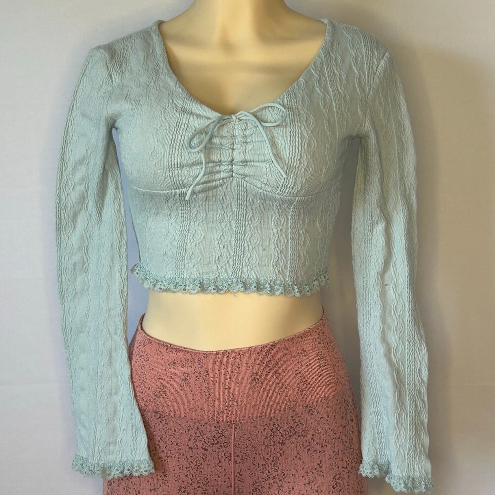 Derek Heart Light Blue Textured Lace-Up Crop Top Size S